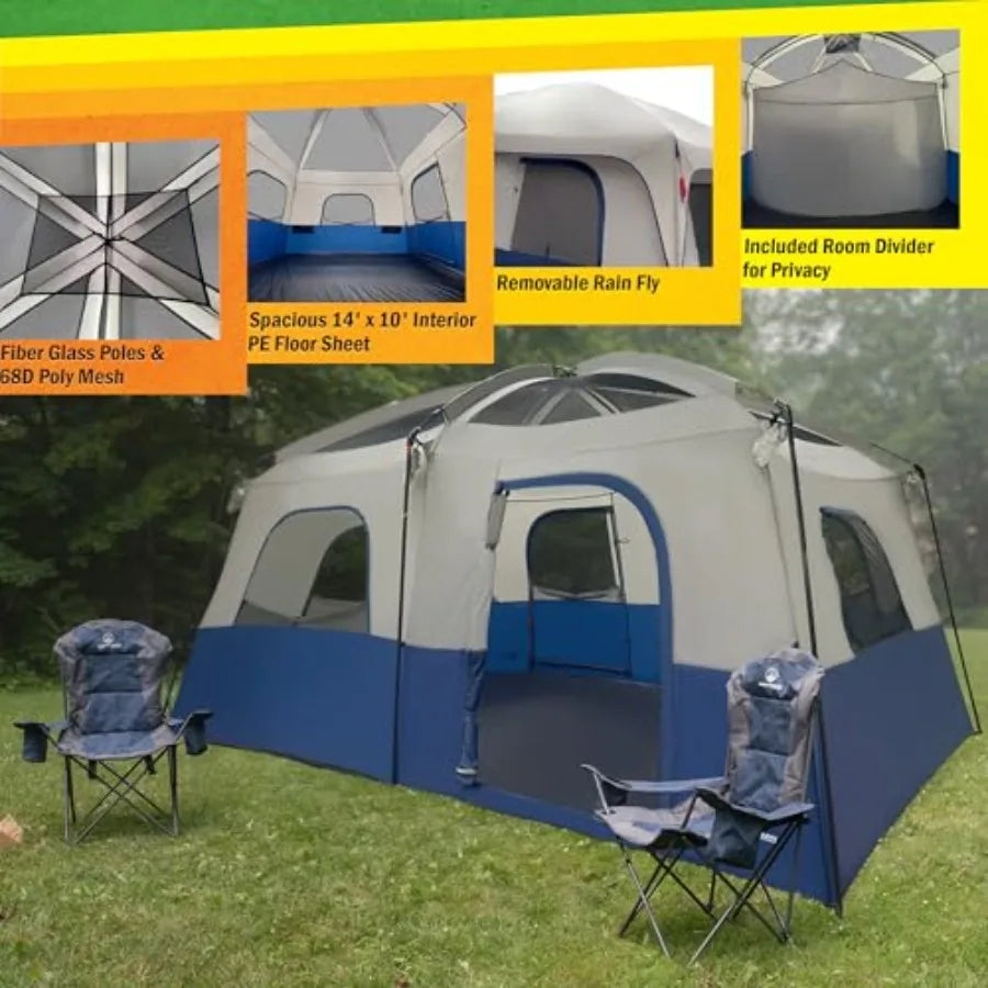 10 Person Camping Tent - Large Outdoor Tent with Room Divider and Rainfly - Family Camping House with 2 Doors and 4 Screen Wind