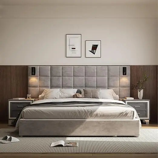 King Platform Bed Frame with Headboard, Elegant Velvet Upholstered Bed with Grid Pattern Padded Headboard, 2 LED Wall Sconces &