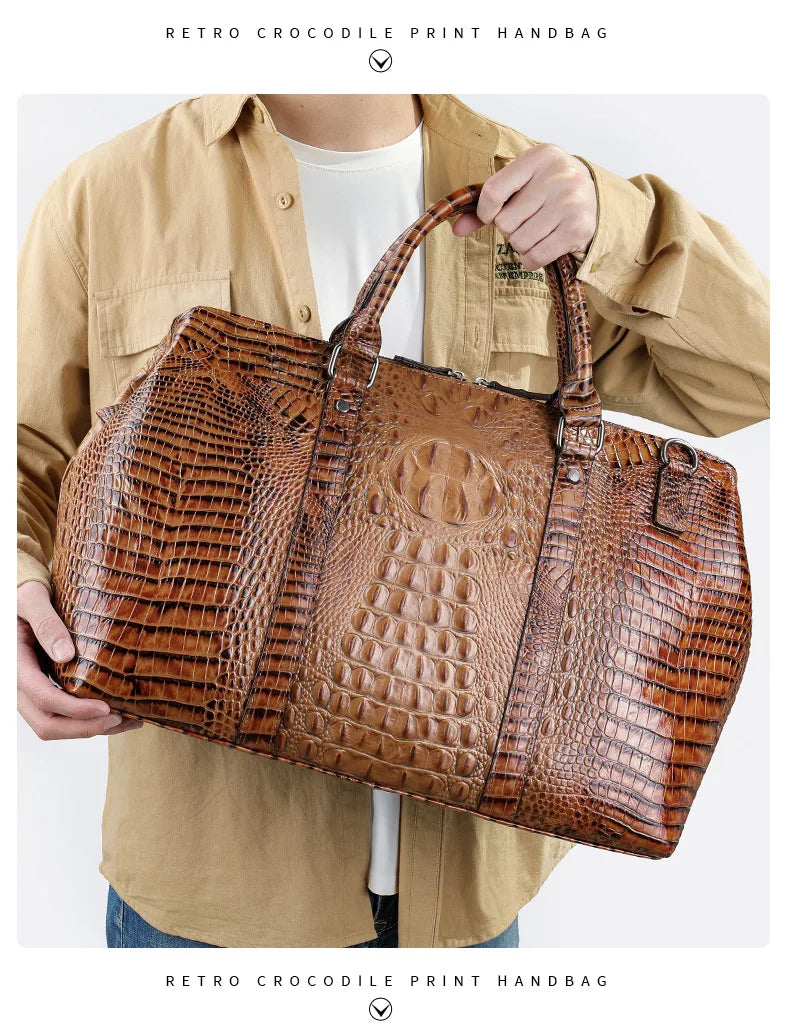 Crocodile Pattern Leather Men's Handbag Short Business Trip Hand-Carrying Tote Shoulder Bag Away Luggage Bag Vintage Travel Bags