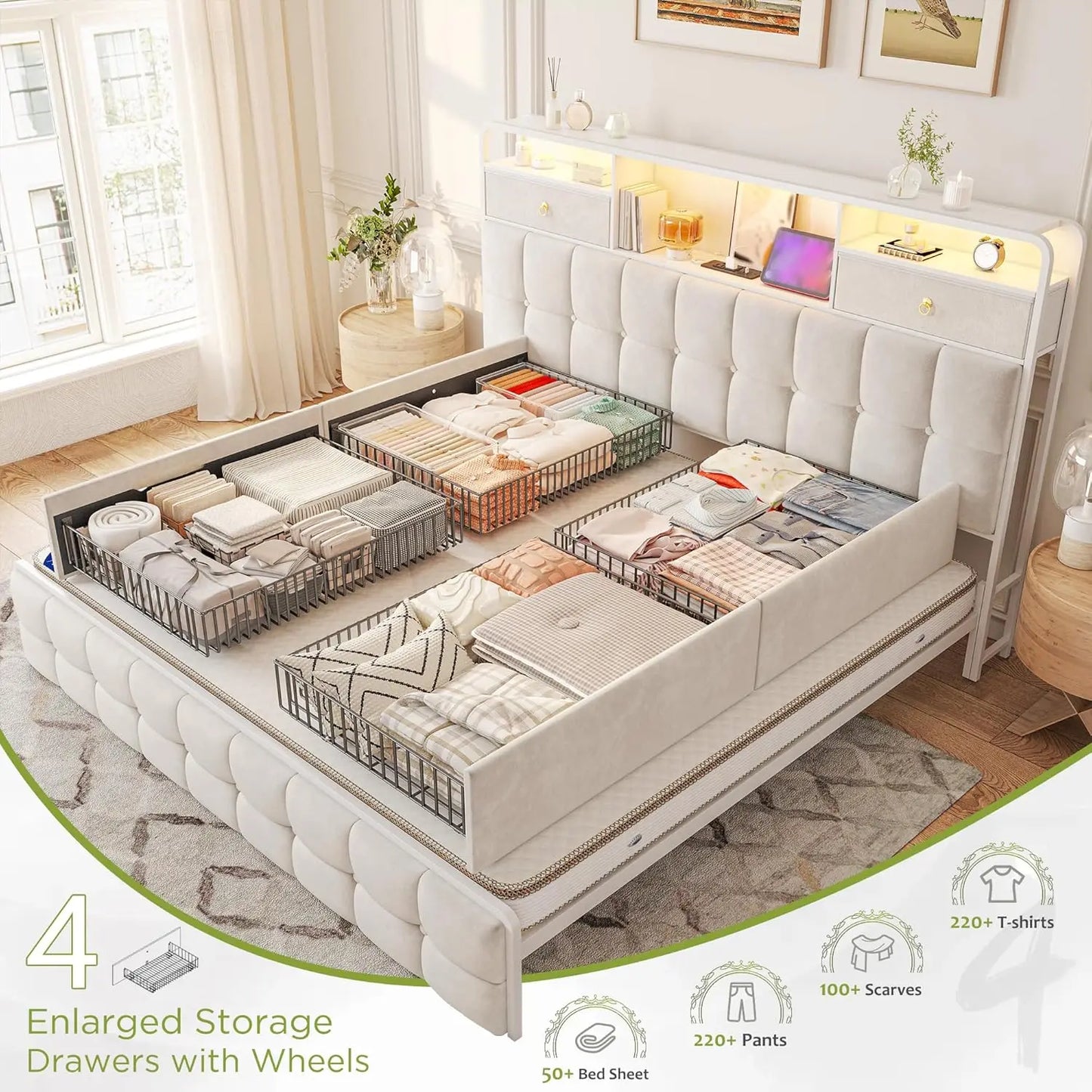 King Size Bed Frame with 4 Drawers and Storage Headboard, King Bed Frame Built in Charging Station and LED Lights, No Noise
