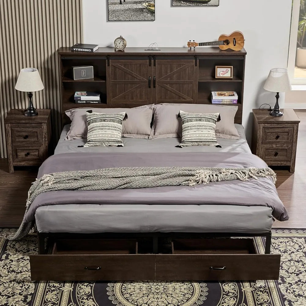 VanAcc Queen Size Bed Frame, Wooden Platform Storage Bed with 51.2" Bookcase Headboard, 2 Drawers, Charging Station/No Box Sprin