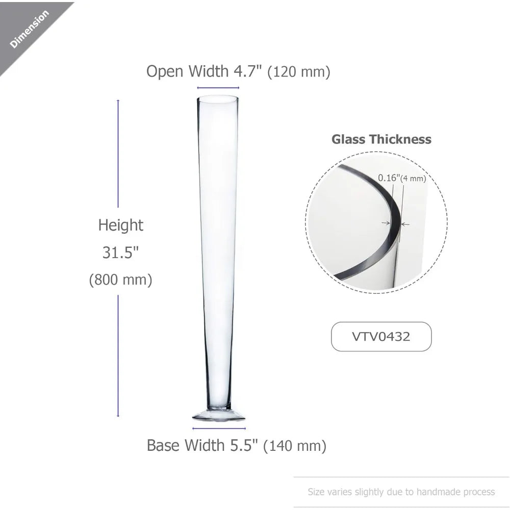 Bulk Clear Glass Trumpet Vases, Open 5, Height 31.5, Multiple Sizes, Tall Pilsner Floral Planter Container Centerpiece Options