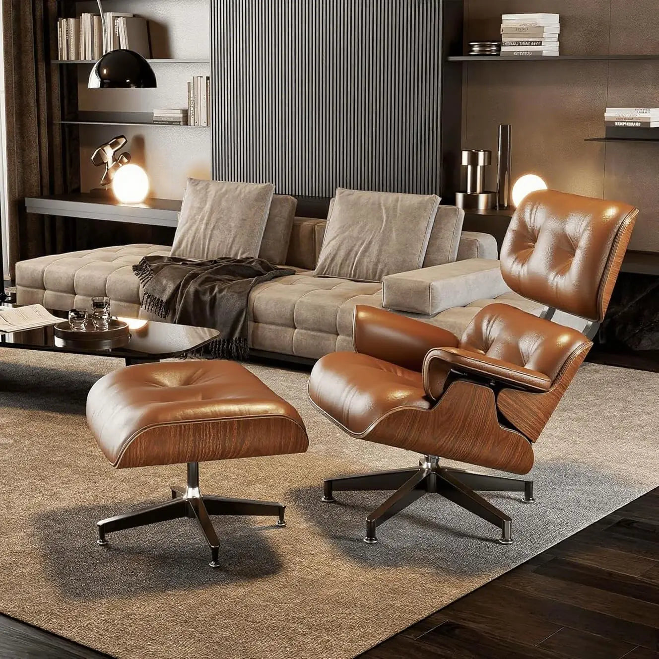 Mid Century Chaise Lounge Chair with Ottoman, Top Black Grain Leather,Modern Office Chair Classic Design,Heavy Duty Base Support
