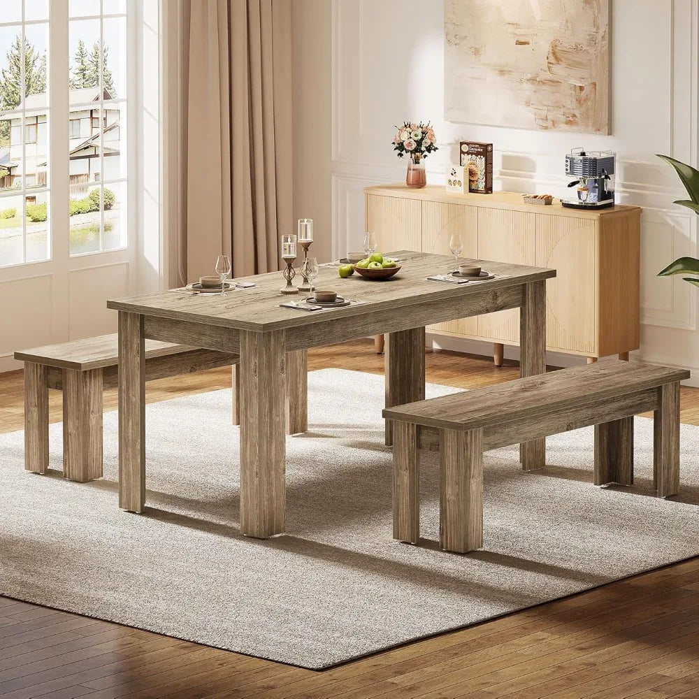 rectangular 55.1-inch dining table set for 6 with 2 benches and 3 wooden pieces