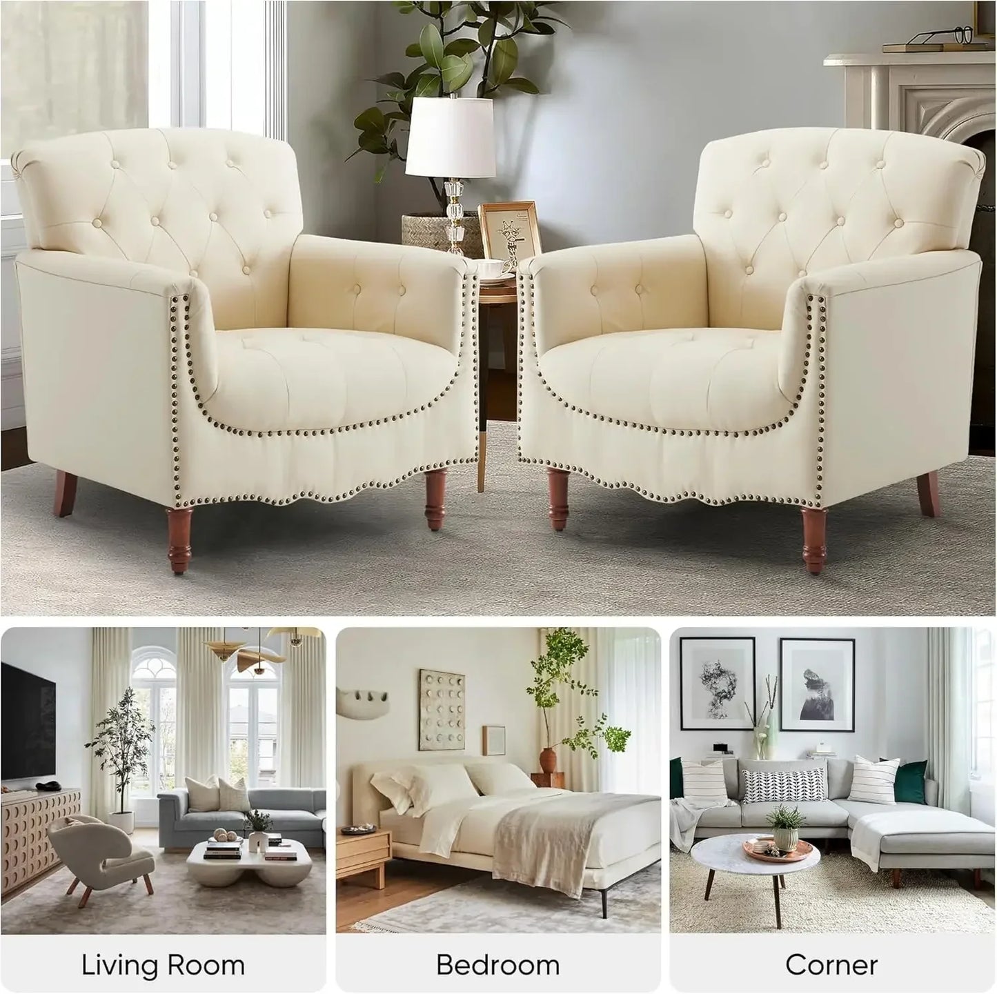 PU Leather Accent Chair Set of 2, Modern Living Room Chair Comfy Armchair with Thick Padded Cushion, Lounge Sofa ，White
