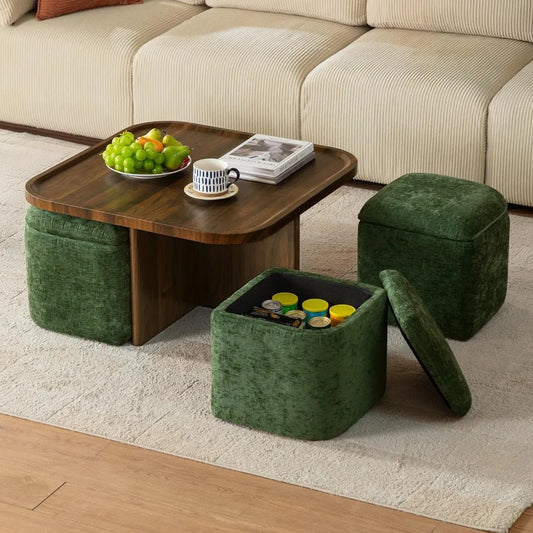 Mid-Century Modern Small Square Coffee Table with Storage + 4 Chenille Ottomans (Living Room/Small Space)