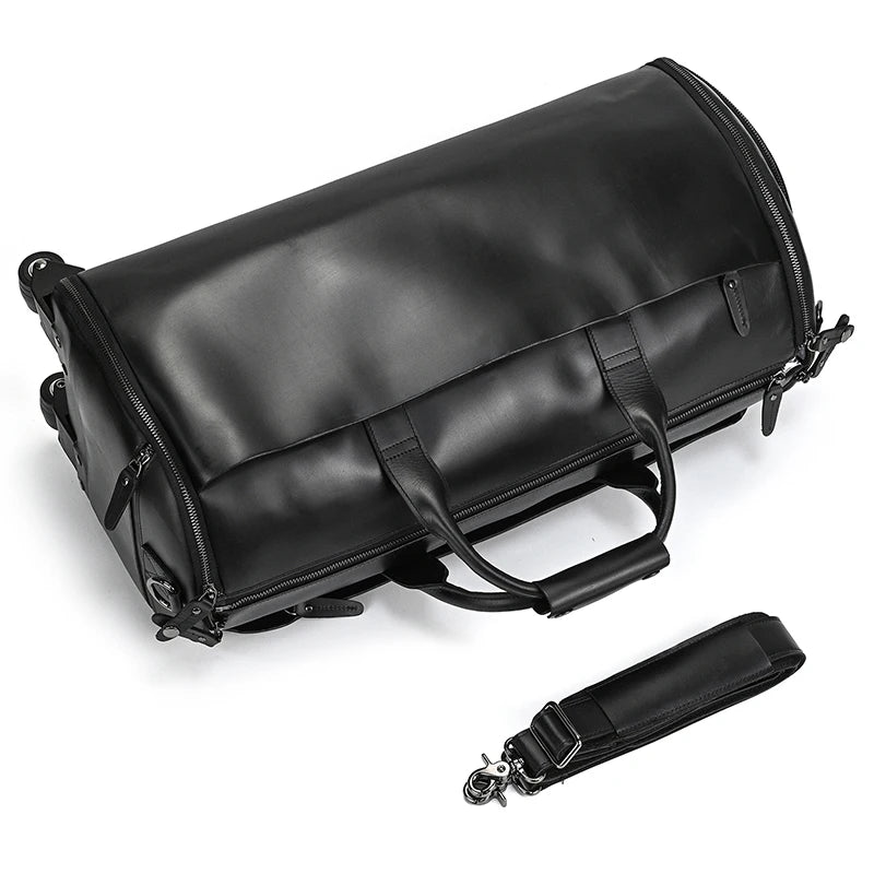 Large Capacity Tolley Case Genuine Leather Handbag with Roller Trolley Bag for Men Male Shoulder Bag for Business with Shoe Bag