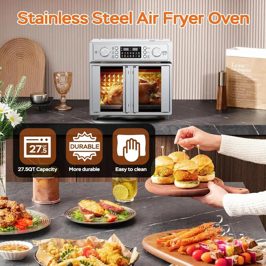 27.5QT French Door Air Fryer Toaster Oven Combo Countertop Oven with 14 Presets Digital Control Stainless Steel Large Toaster O