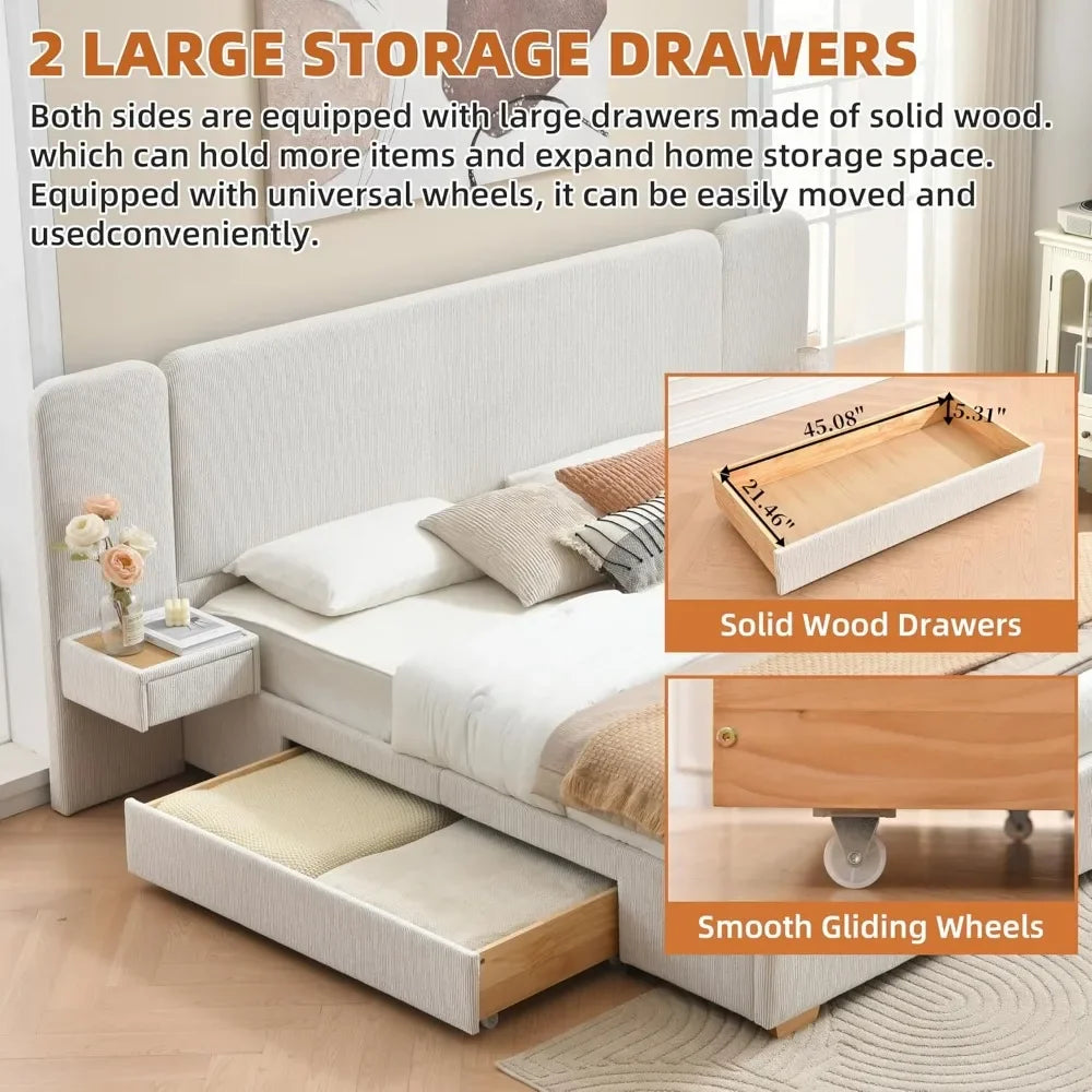 King Size Platform Bed Frame with 2 Built-in Nightstands Wood Luxury Bed Frame with Chenille 2 Storage Drawers
