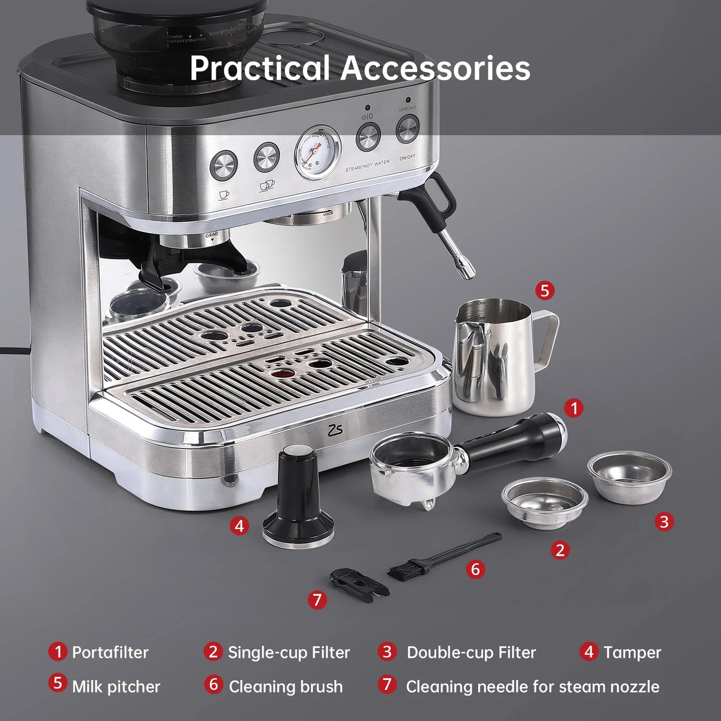 Espresso Machine with Grinder, Stainless Steel 15 Bar Coffee Machine with Milk Frother Coffee Maker for Home Latte Cappuccino