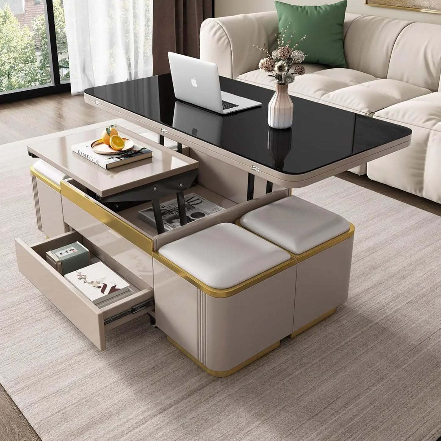 Pull Out Lift Top Coffee Table, Hidden Compartment and Tempered , Modern Folding Converts to Dining Table, Black