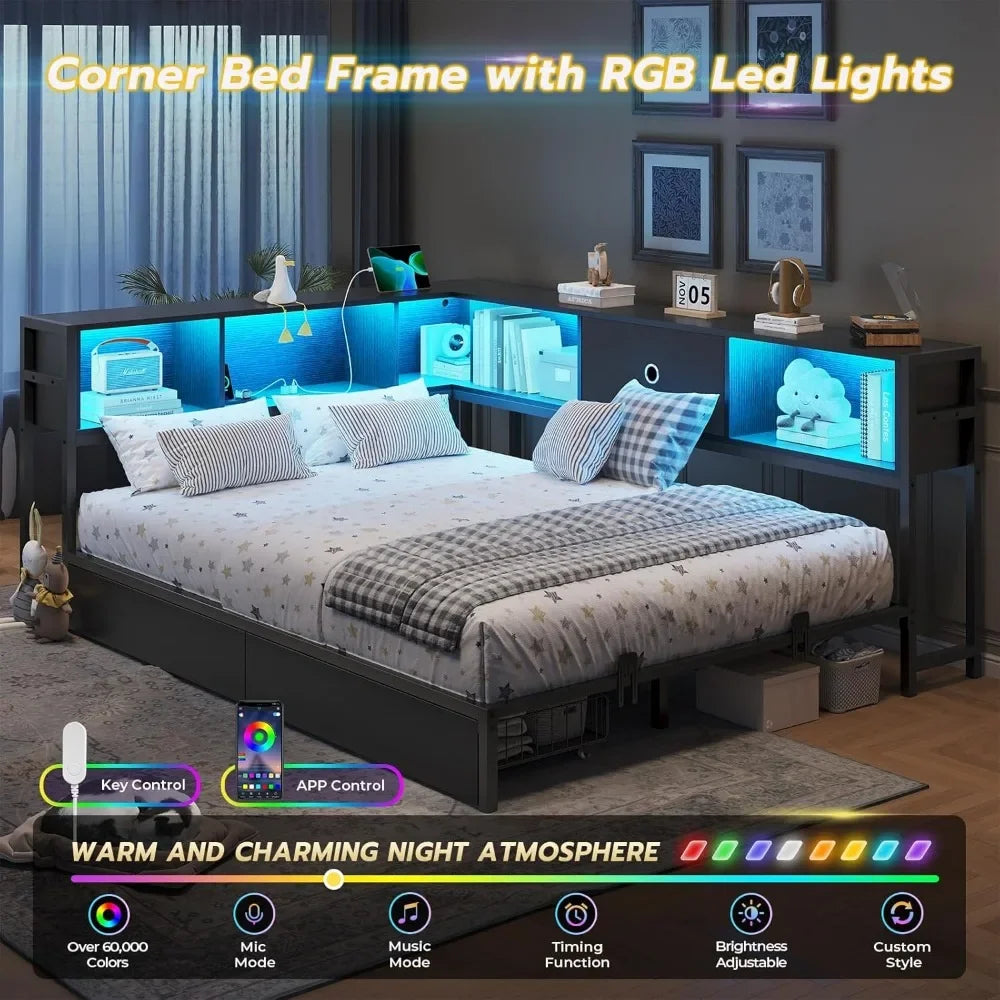 DICTAC Full Corner Bed Frame with Bookcase Storage and Led Lights Metal Platform Bed Frame Full Size with Storage Drawers & Char