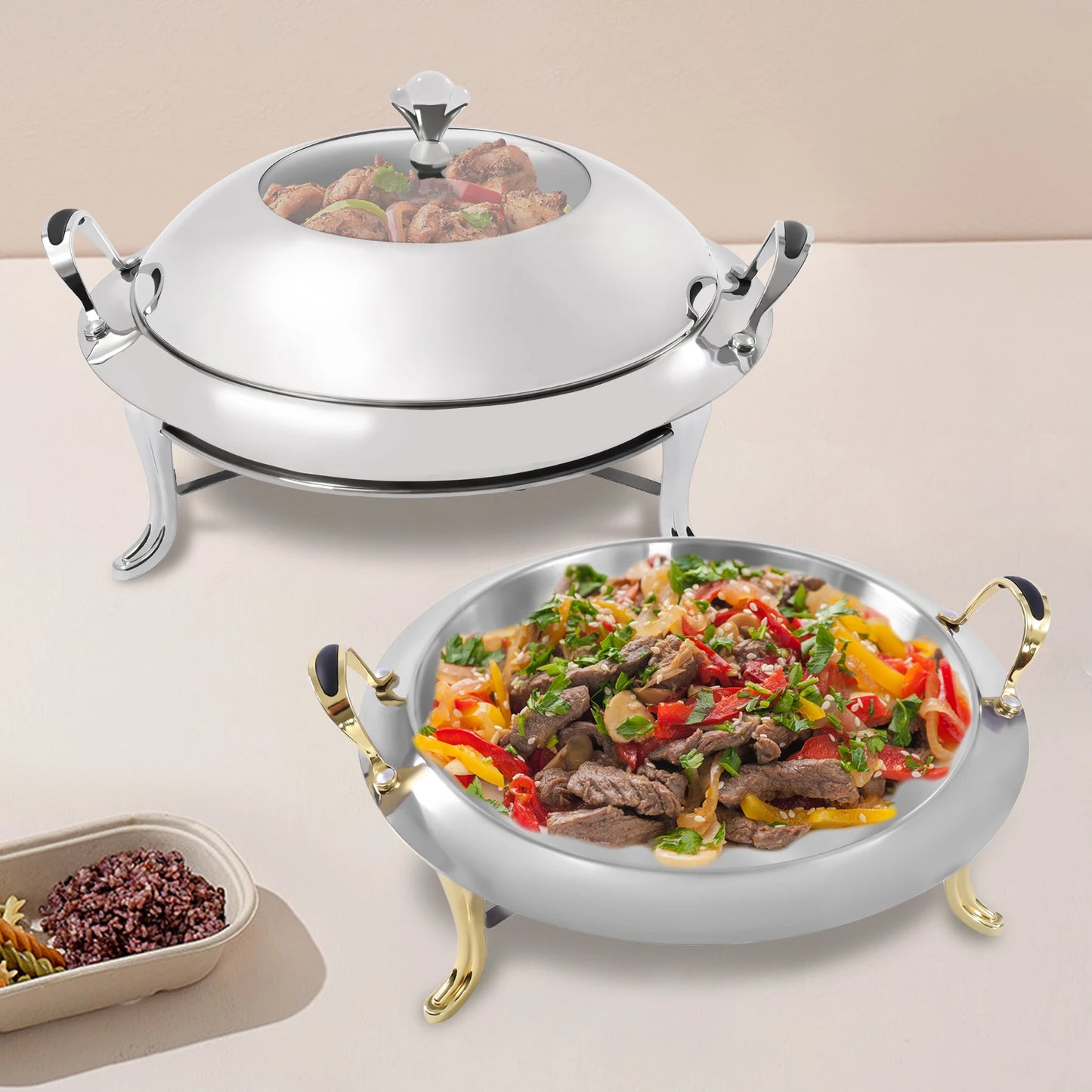 Chafing Dish Stainless Steel Round Durable Buffet Warmer  with Lid and Chafing Fuel Holder for Kitchen Party Dining