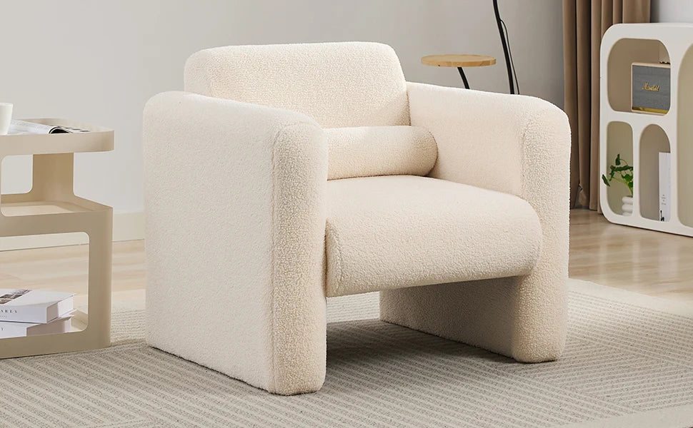 Modern Accent Chair Lambskin Sherpa Fabric Upholstered Comfy Reading Armchair with Pillow