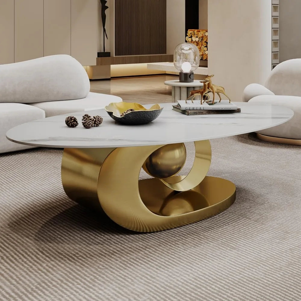 Modern Oval Stone Coffee Table with Gray Metal Base - Elegant Centerpiece for Stylish Living Rooms - 49.2" Lx27.6 Wx15.8 H
