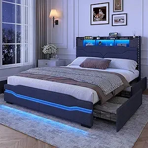 Maupvit Queen Size LED Bed Frame with Storage, 4 Drawers, Charging Station, Metal Base, No Box Spring Required