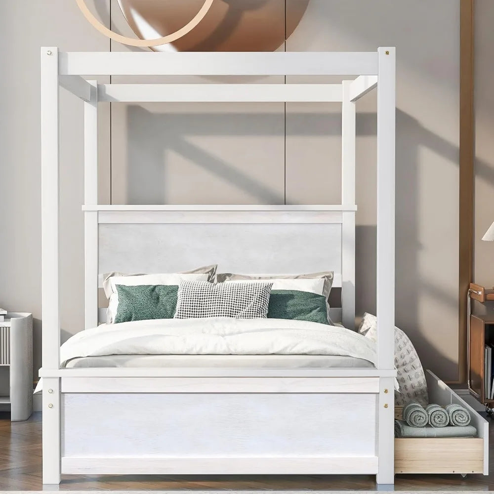 Full Size Canopy Bed with 2 Storage Drawers, 4-Post Wood Full Platform Bed Frame with Headboard, No Box Spring Needed - Brushed