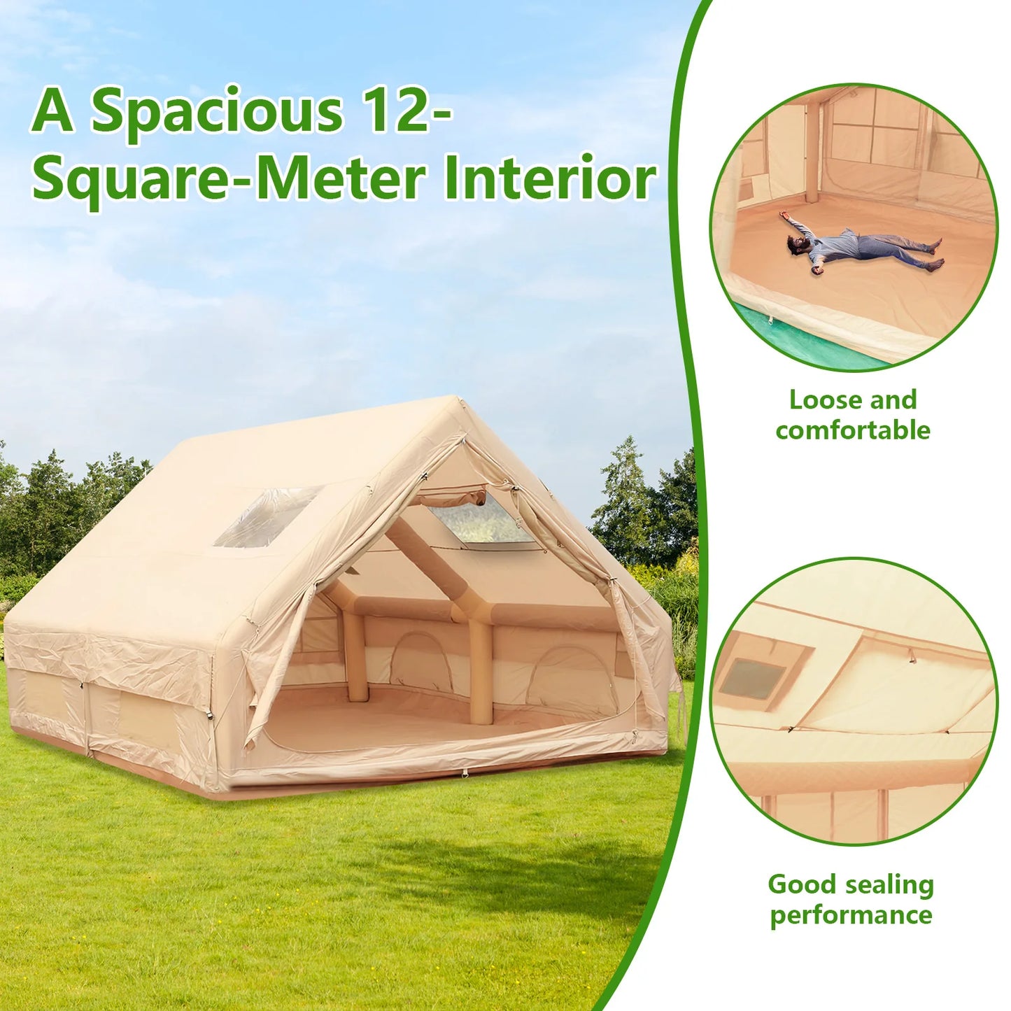 Inflatable Camping Tents with Hand Pump 12m² Air Glamping Tents Easy Setup Waterproof and Windproof Blow up Tent 4 Seasons