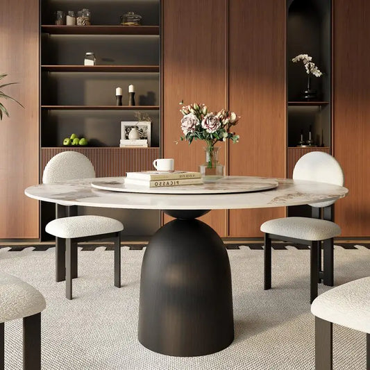 Modern Black Round Dining Table - 53" Colorful Solid Wood with Rotating Lazy Susan and Sintered Stone Top for 6 People