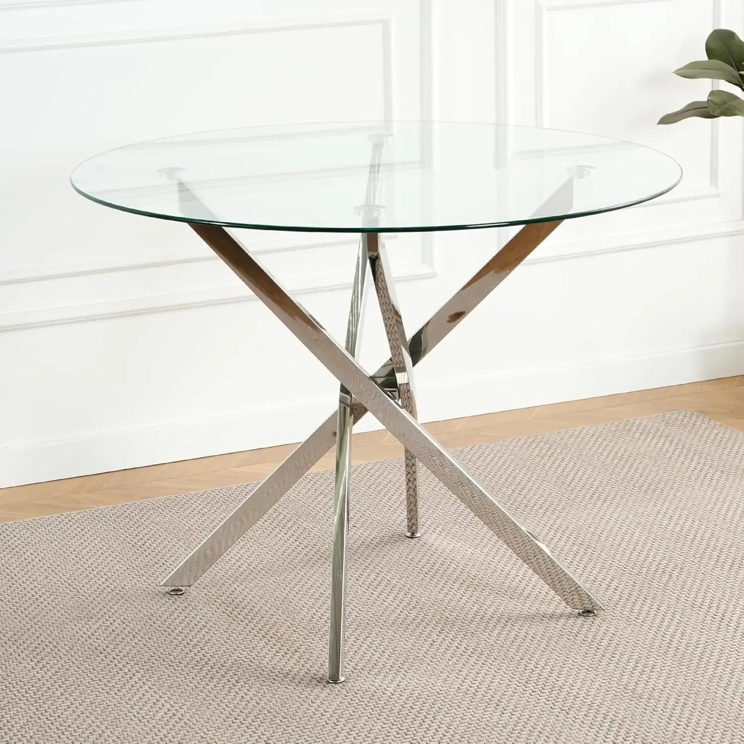 47 Inch round Glass Dining Table for 4 Clear Tempered Glass Top Gold Metal Legs Circle Dining Table