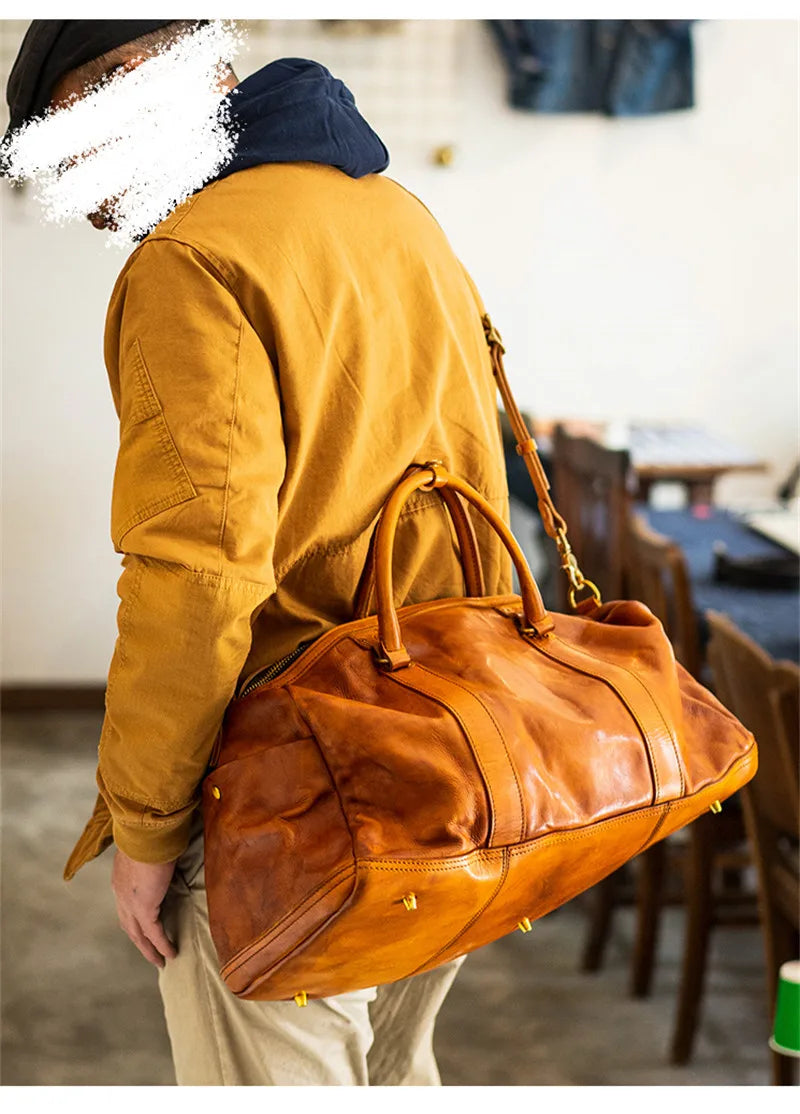 Fashion Vintage Luxury Natural Genuine Leather Men's Large-capacity Travel Bag Organizer Handmade First Layer Cowhide Handbags