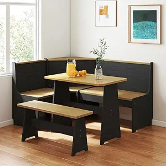 Breakfast Nook Corner Dining Table Kitchen Bench Chair Set, Space-Saving 3-5 People Seat Reversible L-Shape for Family Home Blac