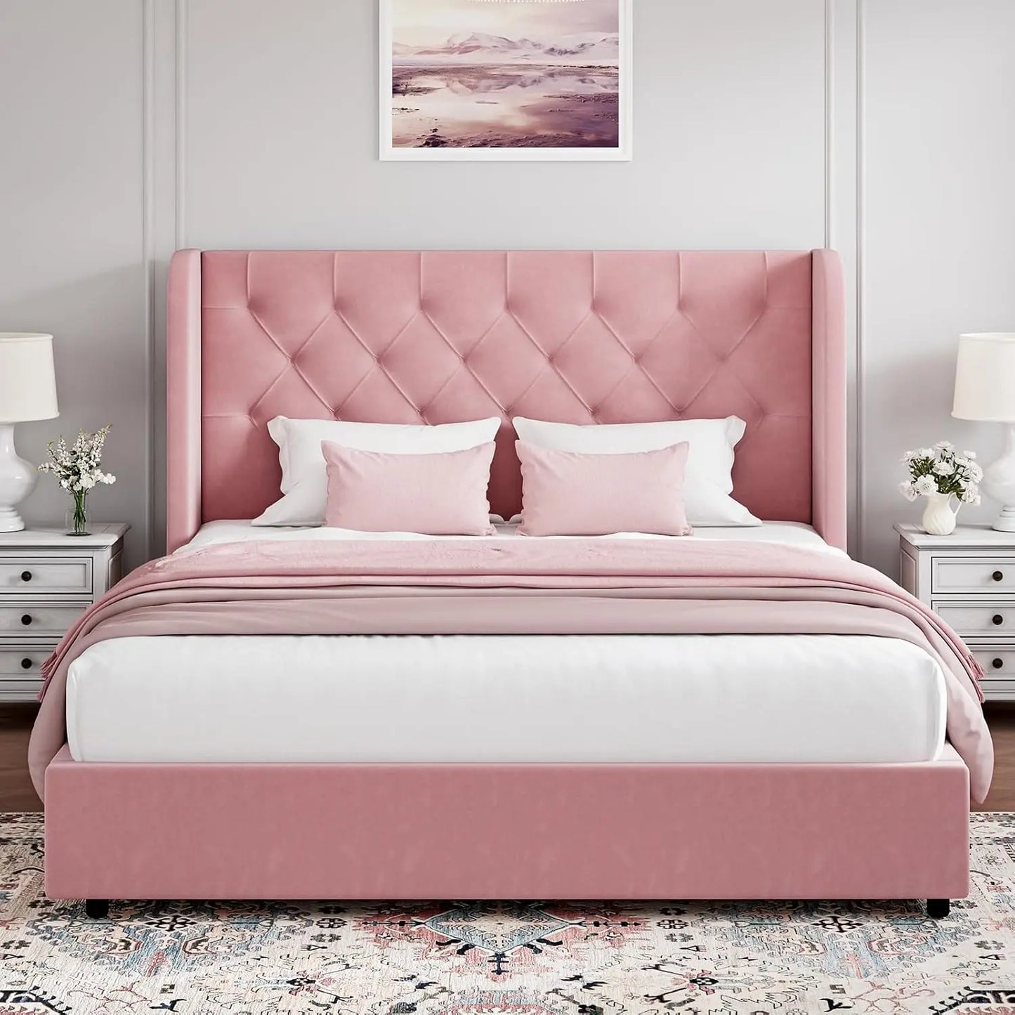 Full Bed Frame, Pink Velvet Upholstered Bed Frame Full with Headboard and Wide Wingback, Sturdy Wooden Slats Support, No Box Spr