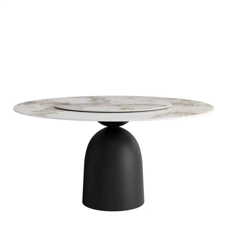 Modern Black Round Dining Table - 53" Colorful Solid Wood with Rotating Lazy Susan and Sintered Stone Top for 6 People
