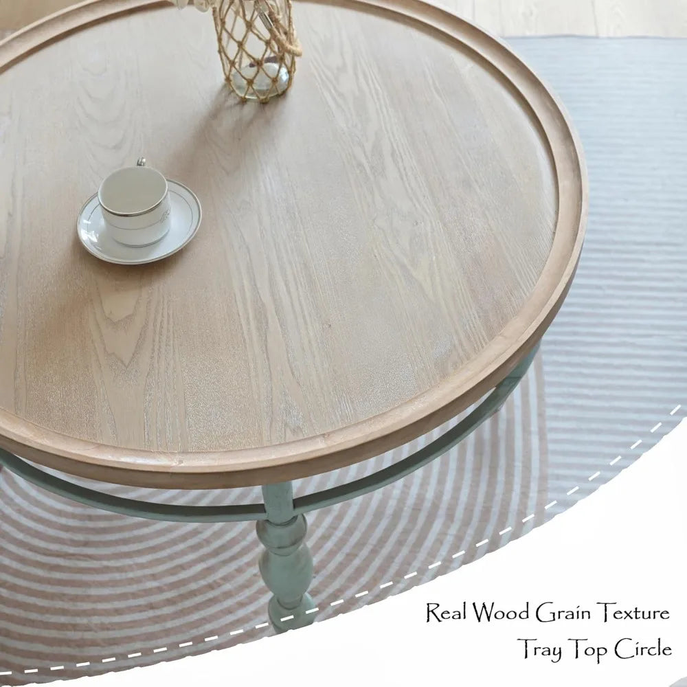 Rustic Farmhouse Round Coffee Table, French Country Vintage Center Table,φ31.5'' x18.9''H Rustic Solid Wood with Vintage Iron Le