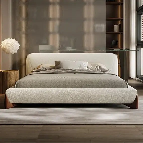 Homary King Upholstered Headboard White Boucle Platform Bed Frame, 88.6 W x 93.7 L, Fits Mattress 76 W x 80 L