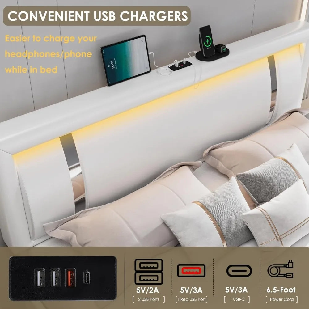 Queen/Full Bed Frame with RGB LED Lights Headboard & 2 Storage Drawers, Sturdy wooden frame, Modern Upholstered Faux Leather Bed