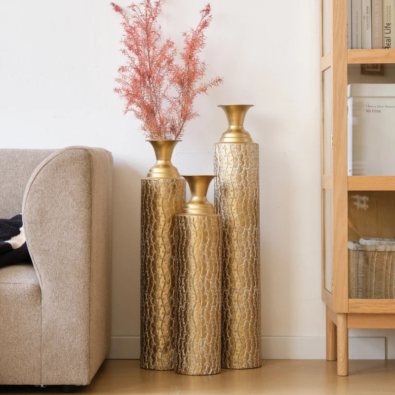 Metal Decorative High Distress Metal Center With Growing Vine Patterns Set Of 3 Vases For Home Decoration 34 29 "25 "H Gold