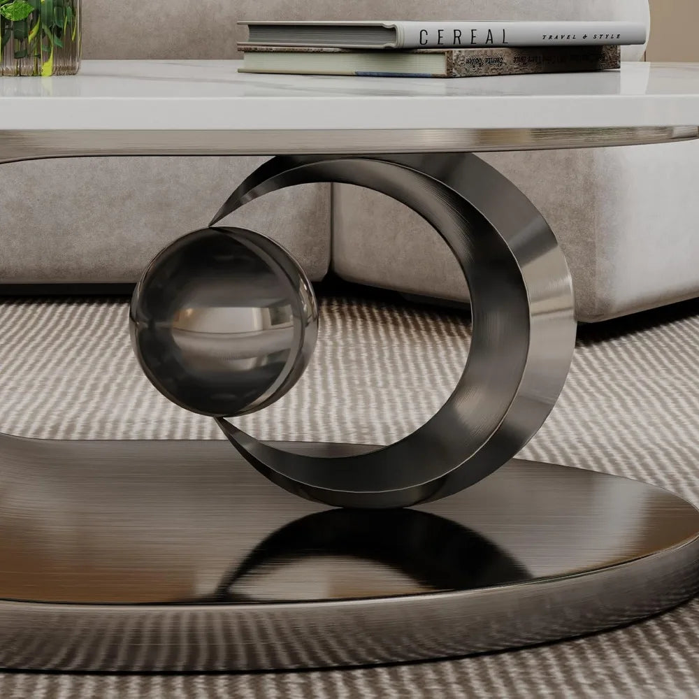 Oval Coffee Table for Living Room, Modern Center Table with Faux Marble Tabletop and Sculptural Stainless Steel Base, Silver+Whi