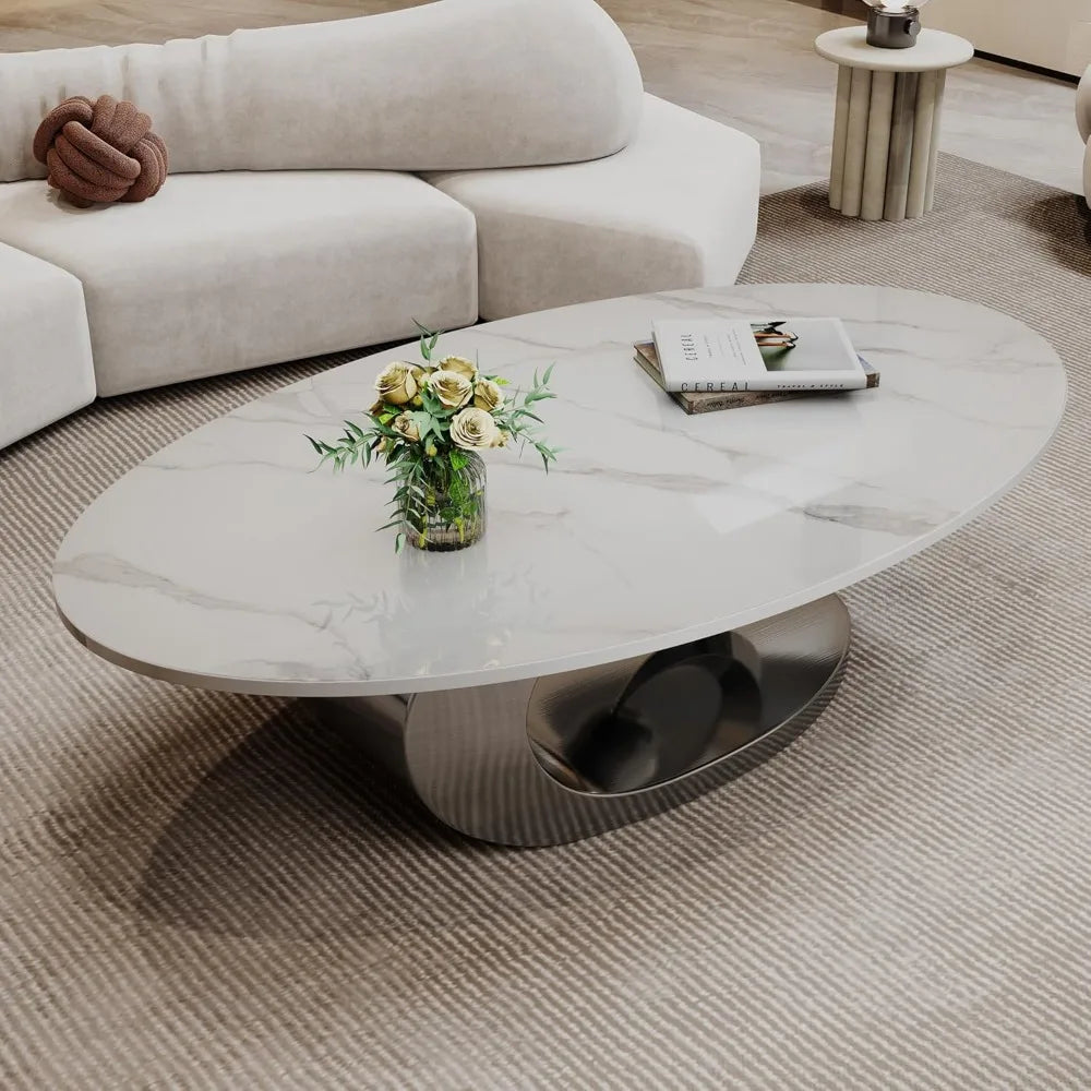 Oval Coffee Table for Living Room, Modern Center Table with Faux Marble Tabletop and Sculptural Stainless Steel Base, Silver+Whi