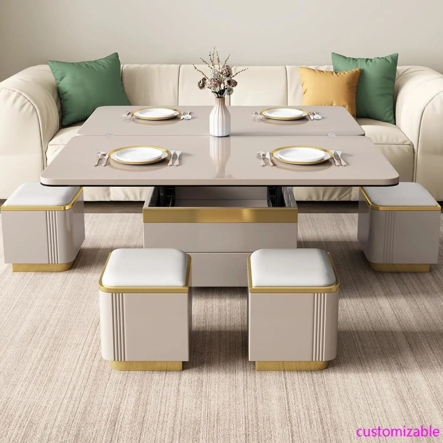 Pull Out Lift Top Coffee Table, Hidden Compartment and Tempered , Modern Folding Converts to Dining Table, Black