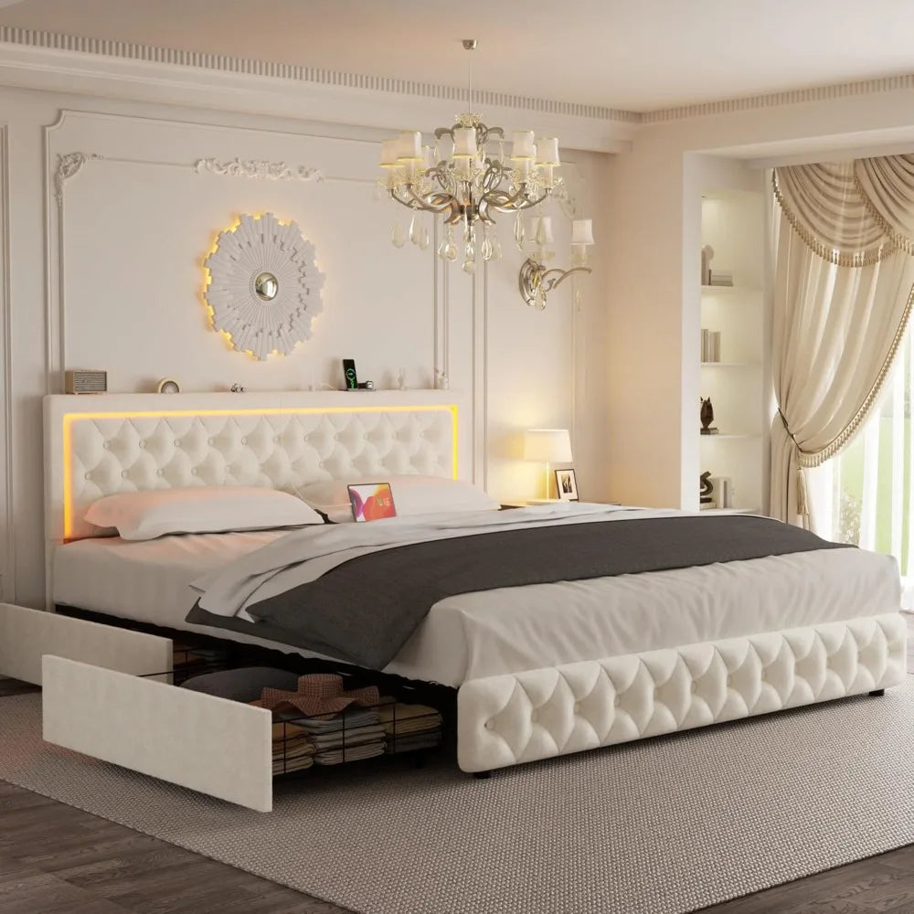 Queen Bed Frame with 4 Storage Drawers, Velvet Upholstered Bed Frame Queen Size with Charging Station and LED Lights, 46" Adjust