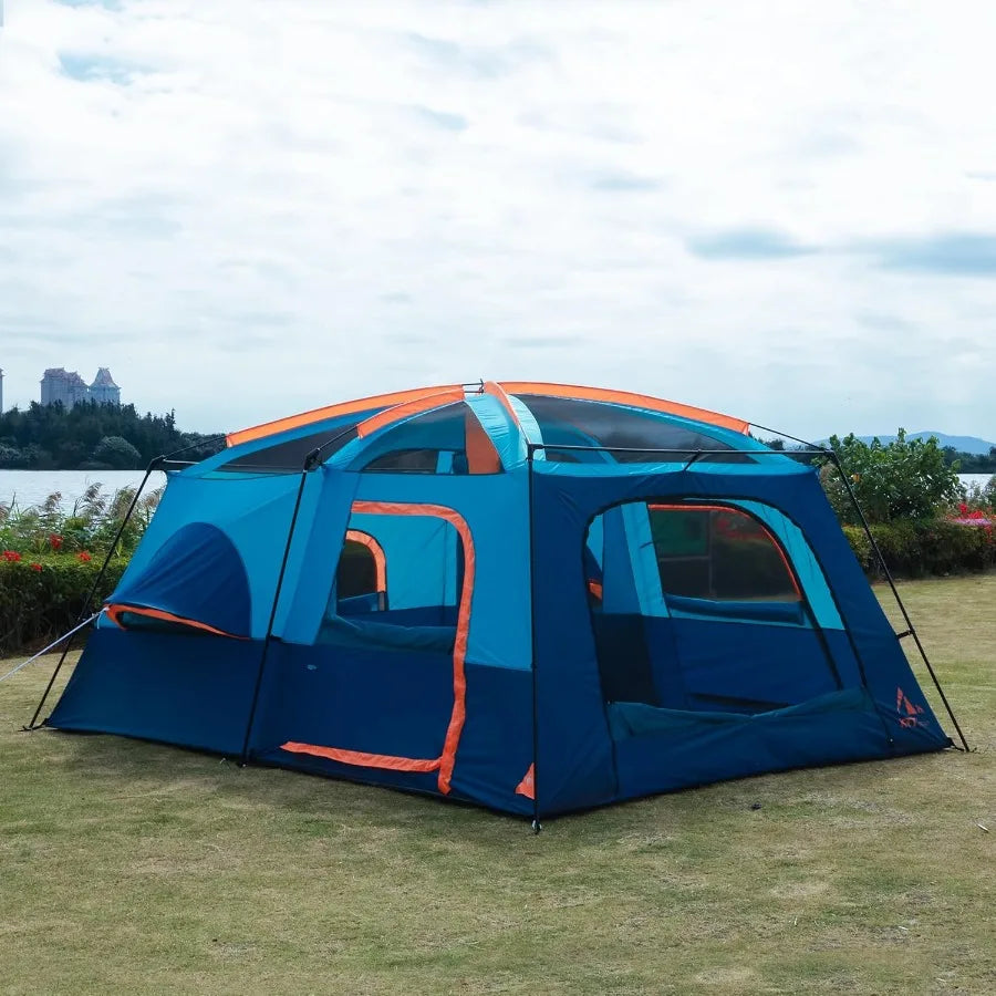 Extra Large Family Cabin Tent for 101214 People with 2 Rooms 3 Doors 3 Windows Mesh Panels Straight Wall Design Waterproof Doub