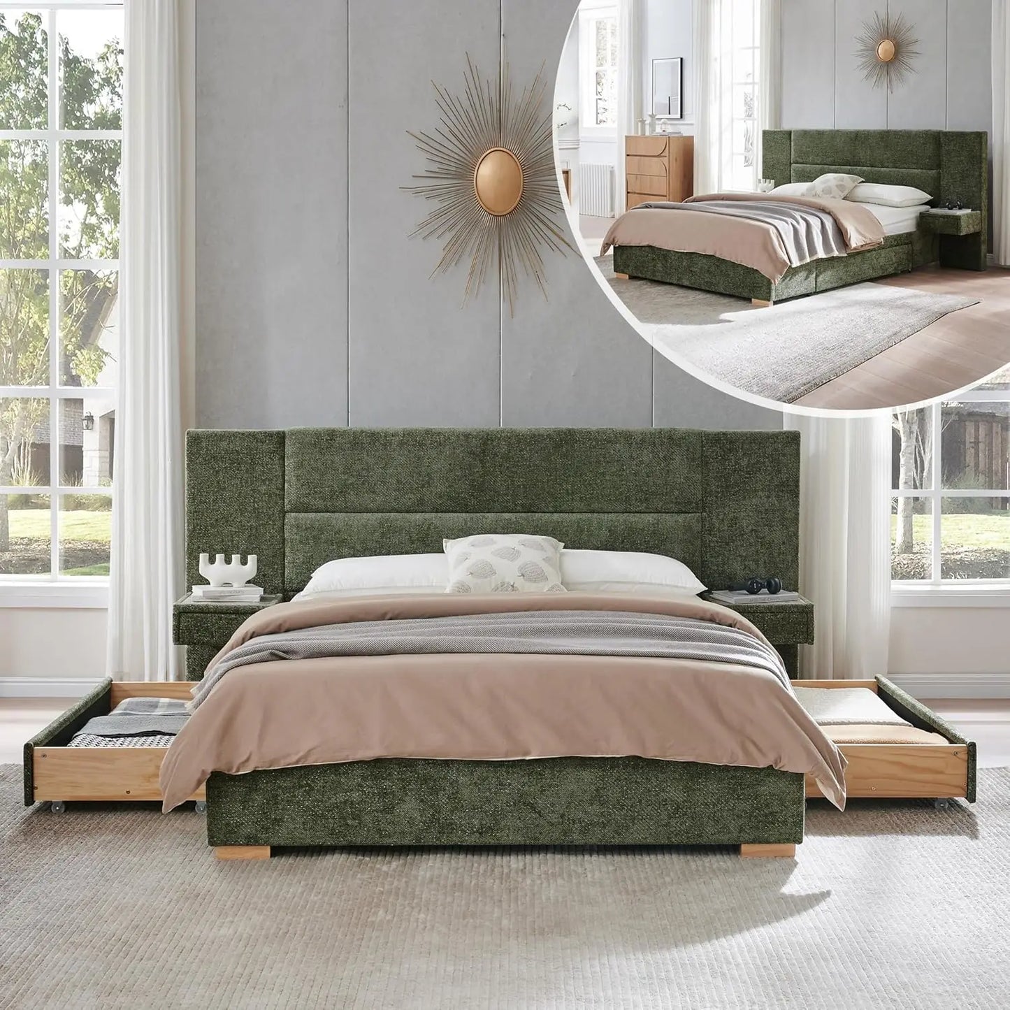 King Size Upholstered Platform Bed Frame with Built-in Nightstands 2 Side Storage Drawers Linen Headboard Sturdy Metal Frame