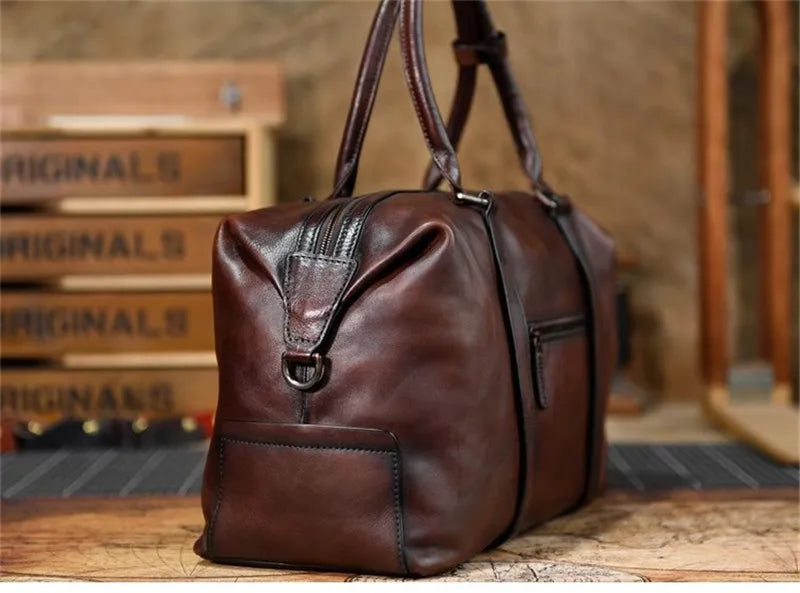 Vintage designer handmade natural genuine leather large-capacity men's travel bag business casual cow leather soft handbag