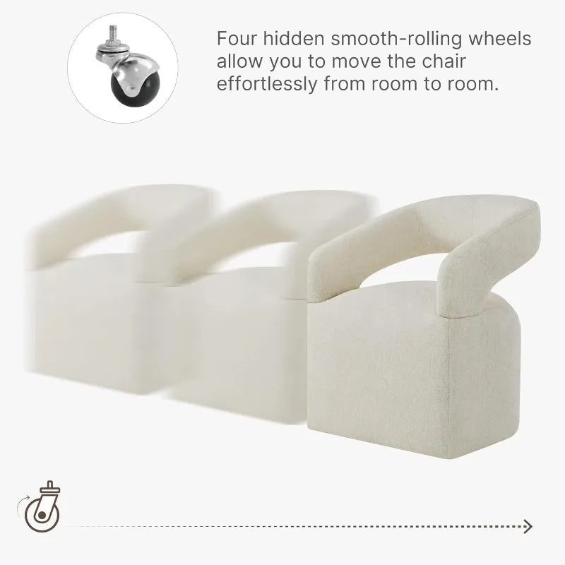 4-PC Upholstered Dining Chairs with Casters, Barrel Armchair Roller Chairs Cream Beige Set