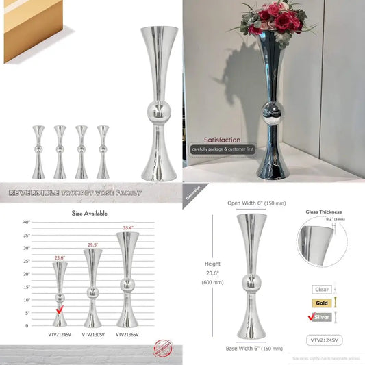 Bulk Tall Trumpet Vases Open 6 Height 24 Base 6 - Silver Reversible Latour Floral Wedding Centerpieces, Multiple Sizes and Color