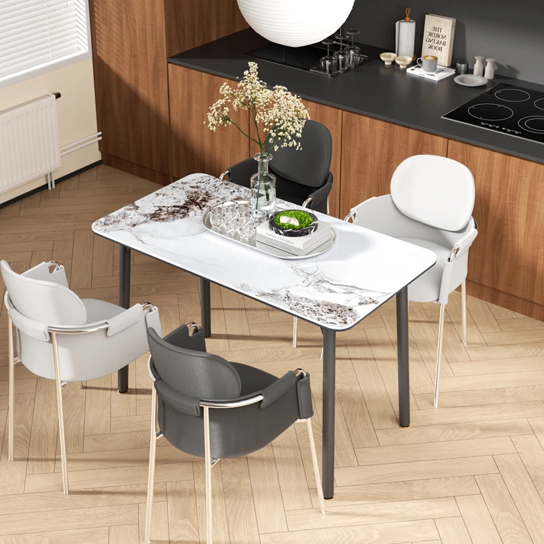 55''Modern Rectangular Sintered Stone & Tempered Glass Dining Table Mix Material Kitchen Table with Aluminum Base for 4-6 Seater