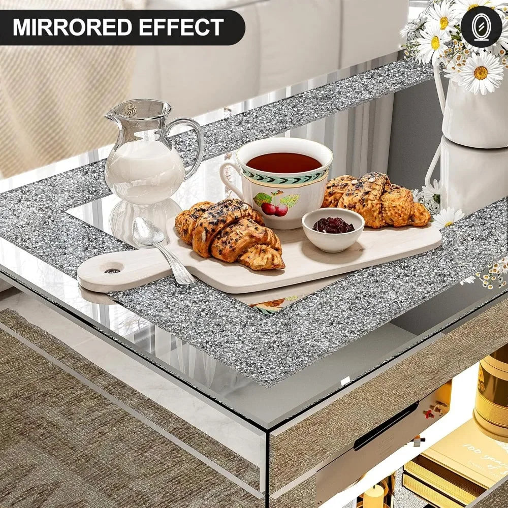 Mirrored Coffee Table with Mirror Crystal Board, Glass Rectangle End Table Coffee Tea Table with 2 Tier for Living Room Bedroom