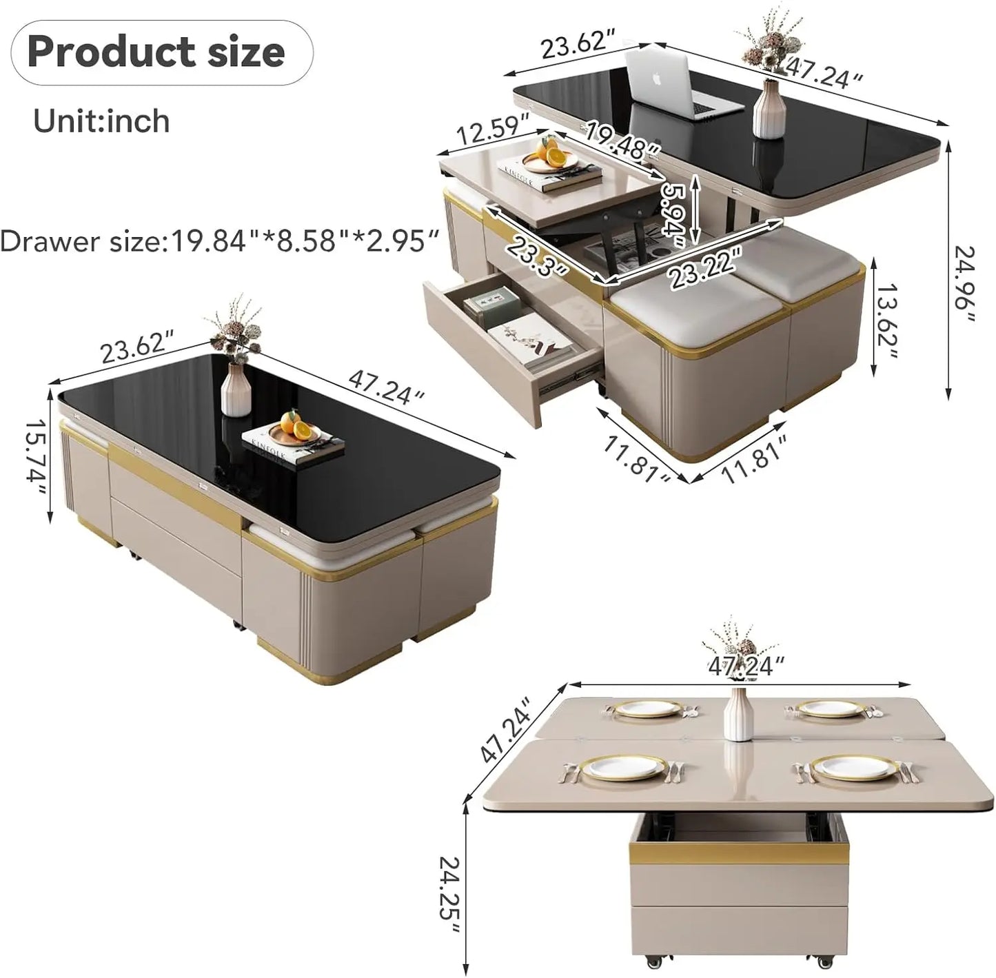 Pull Out Lift Top Coffee Table, Hidden Compartment and Tempered , Modern Folding Converts to Dining Table, Black