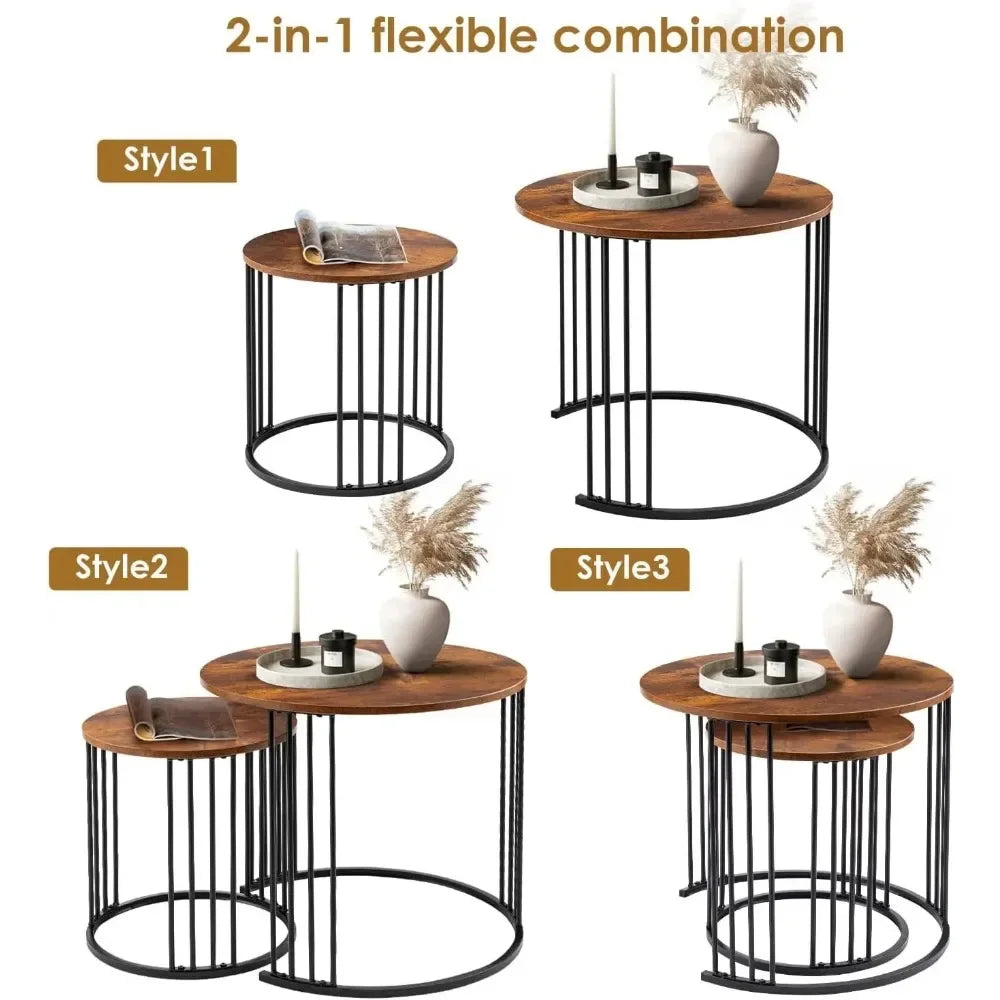 Nesting Coffee Table Set of 2, Round Table, Morden End Side Table Night Stand for Bedroom Dining Room (Brown)