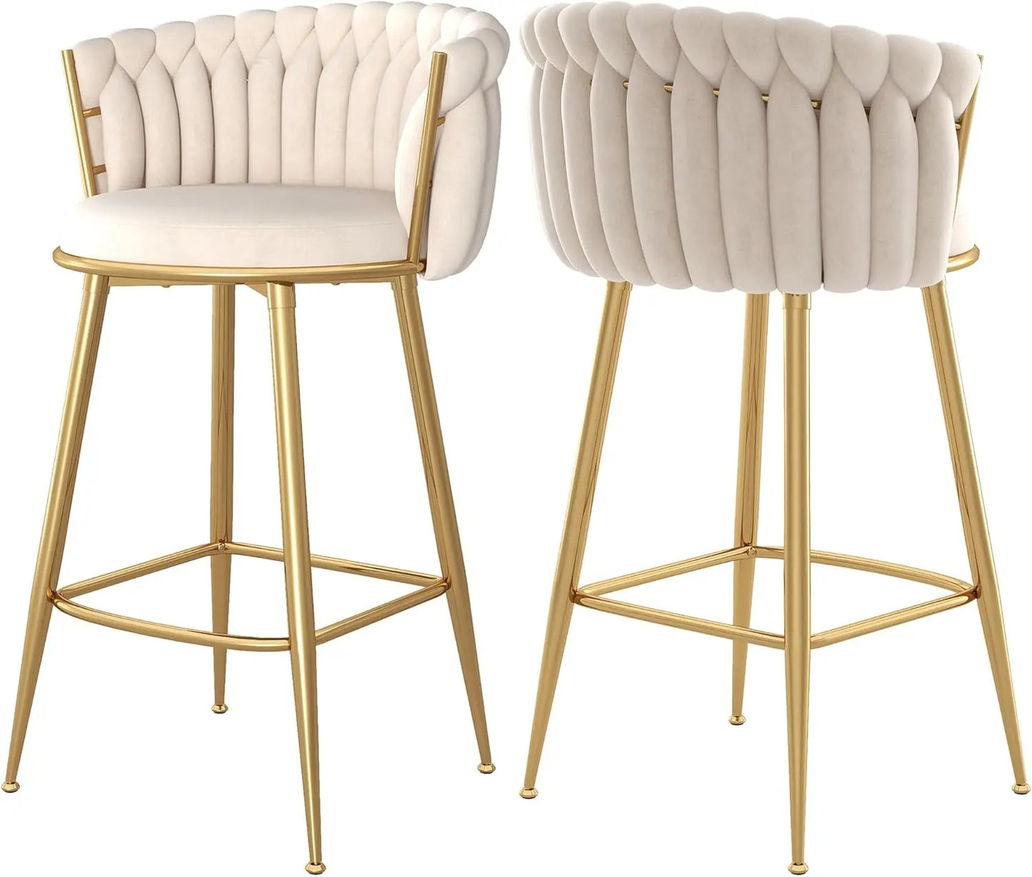 Modern Bar Stools Set of 4, Handmade Woven Back Armrest, Sturdy Golden Metal Legs for Home Dining Kitchen Island, Beige