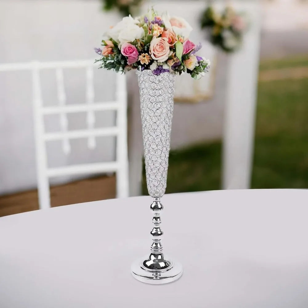 2 Pack Silver 40” Tall Crystal Beaded Trumpet Vase Set, Table Centerpiece