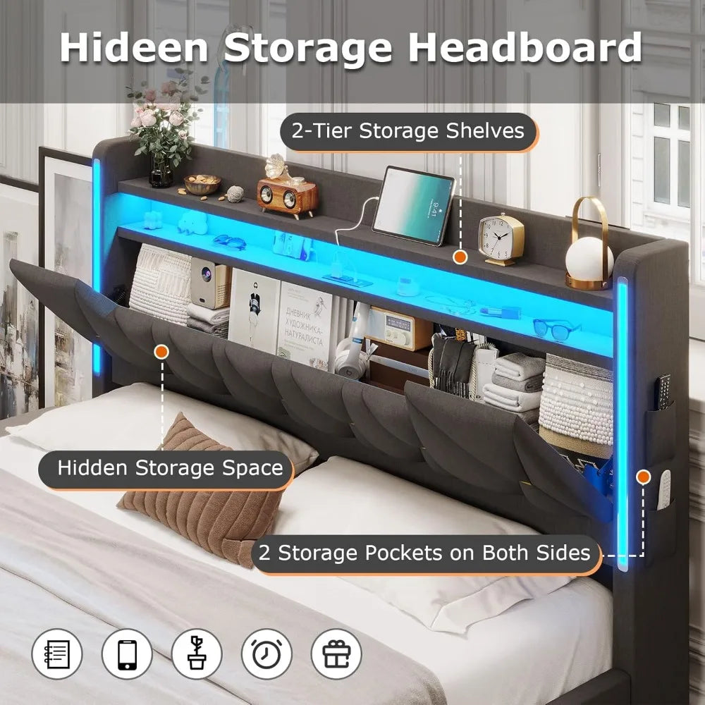 king size bed frame with marshmallow headboard and storage, king bed with led lights & charging station, upholstered platform ki