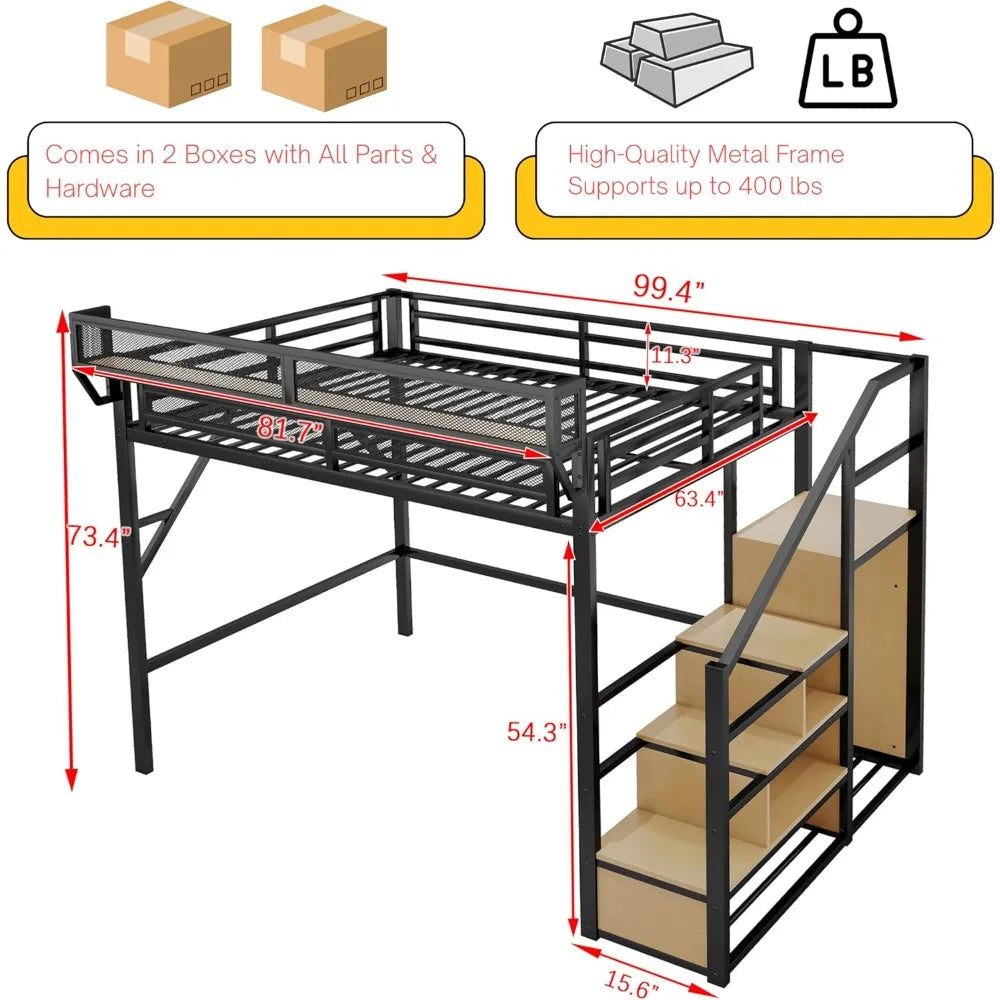 Queen Size Loft Bed with Stairs and Wardrobe, Black Metal Bed Frame with Shelves & Under-Bed Storage, (Black, Queen)