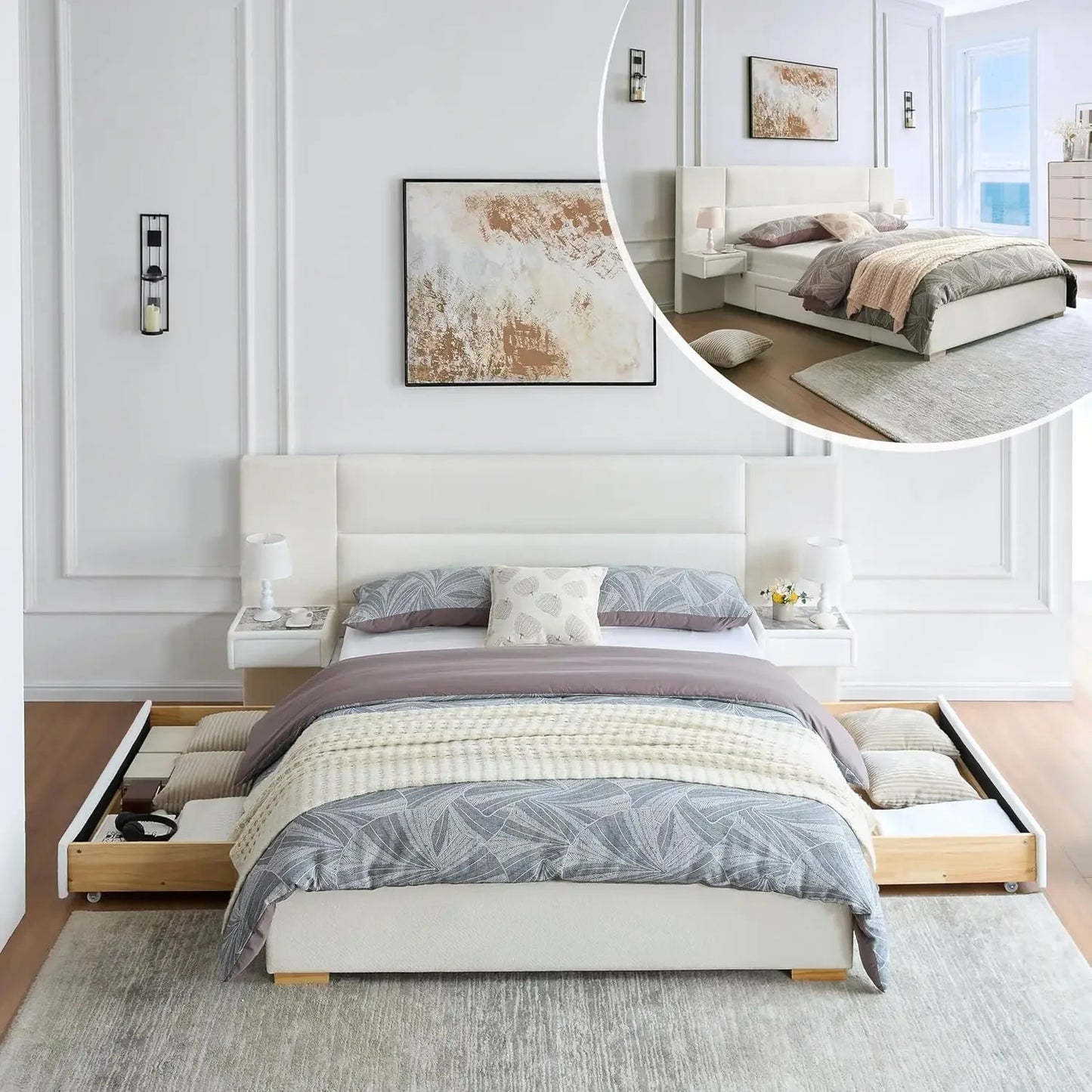 King Size Upholstered Platform Bed Frame with Built-in Nightstands 2 Side Storage Drawers Linen Headboard Sturdy Metal Frame